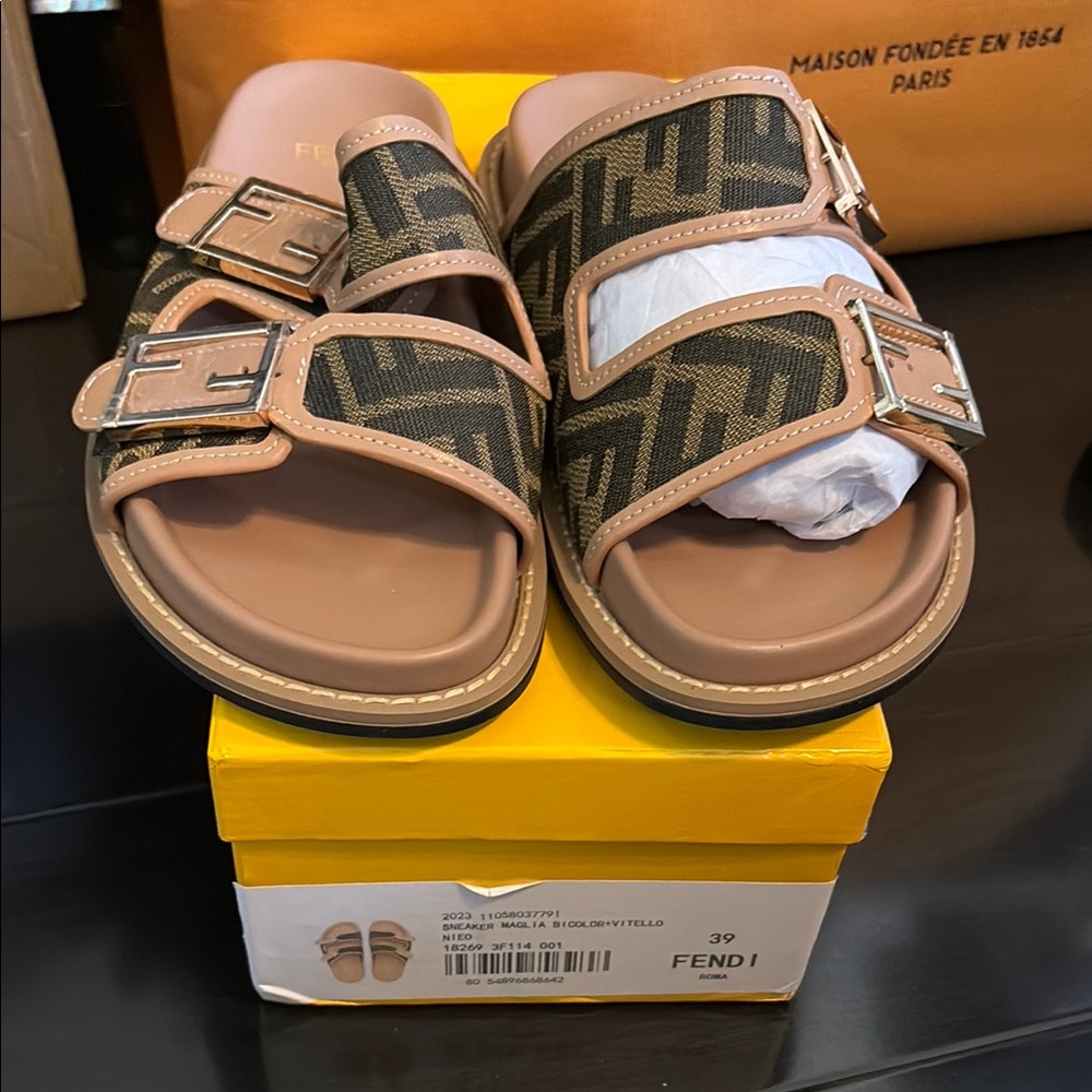 Designer Inspired Brown and Tan “F” Slide Sandals